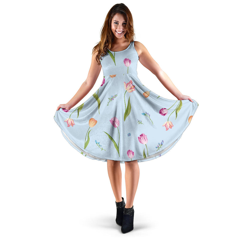 Watercolor Tulips Pattern Sleeveless Midi Dress
