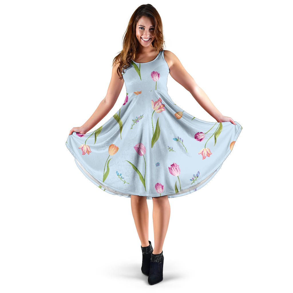 Watercolor Tulips Pattern Sleeveless Midi Dress