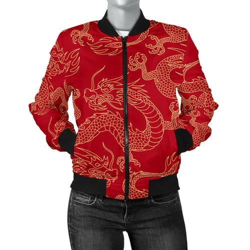 Gold Dragons Red Background Women'S Bomber Jacket