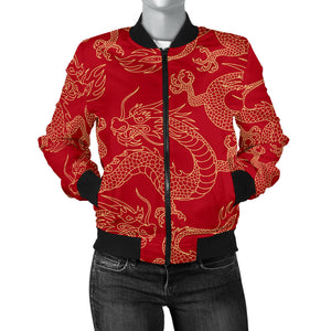 Gold Dragons Red Background Women'S Bomber Jacket