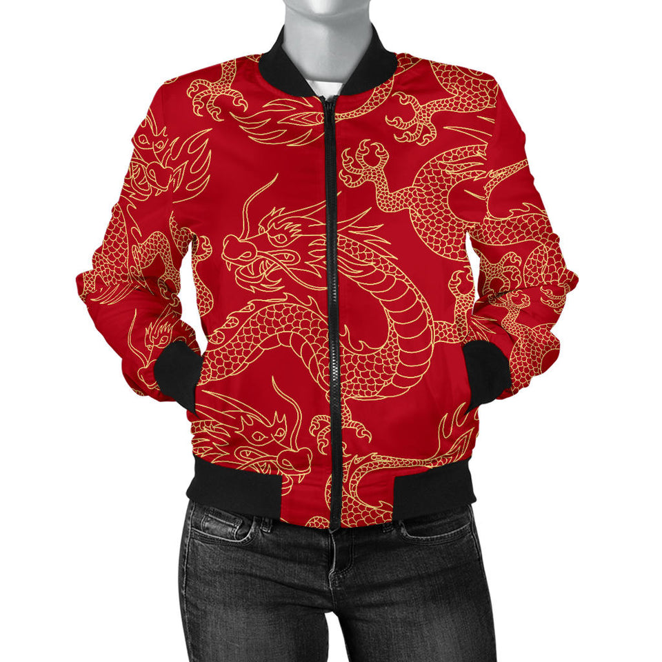Gold Dragons Red Background Women'S Bomber Jacket