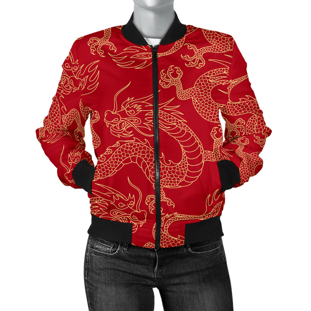 Gold Dragons Red Background Women'S Bomber Jacket