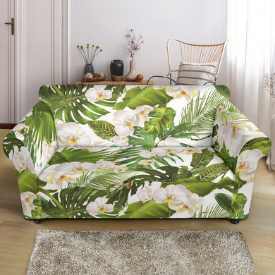 White Orchid Flower Tropical Leaves Pattern Loveseat Couch Slipcover