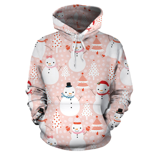 Cute Snowman Christmas Tree Snowpink Background Men Women Pullover Hoodie