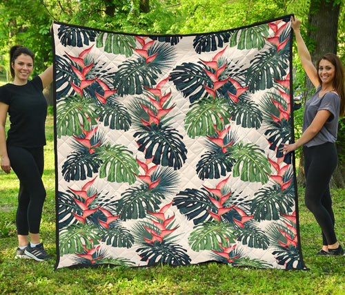 Heliconia Flowers, Palm And Monstera Leaves Premium Quilt
