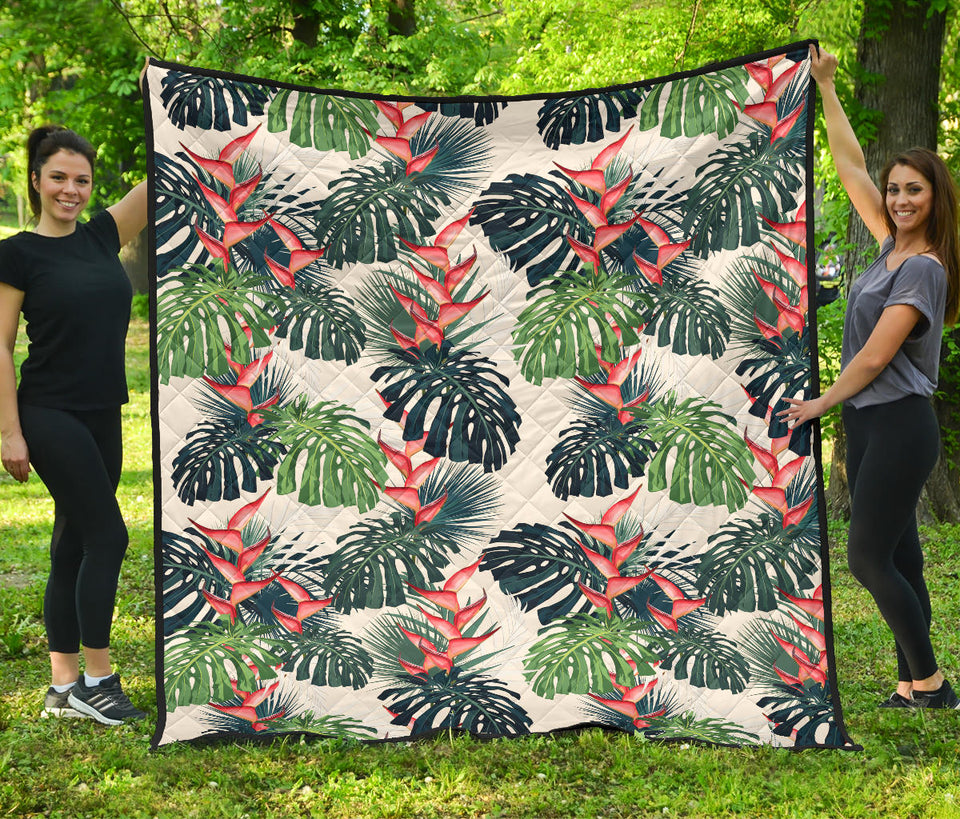 Heliconia Flowers, Palm And Monstera Leaves Premium Quilt