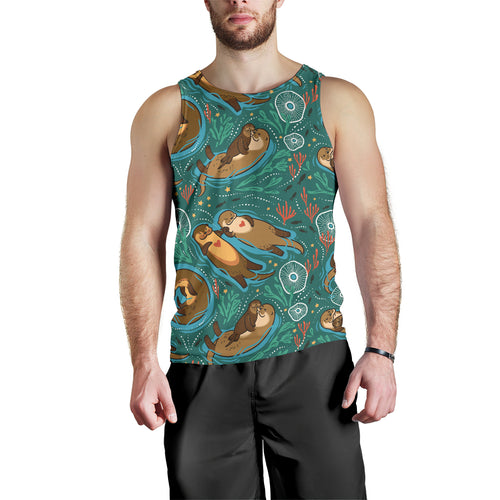 cute brown sea otters ornamental seaweed corals green water Men Tank Top