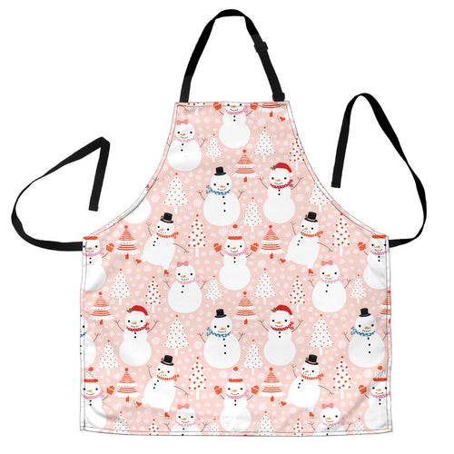 Cute Snowman Christmas Tree Snowpink Background Adjustable Apron
