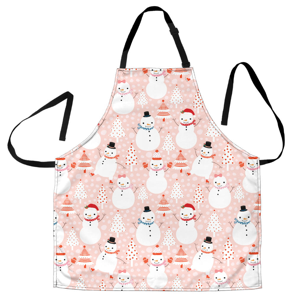 Cute Snowman Christmas Tree Snowpink Background Adjustable Apron