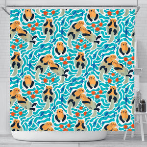 Cute Sea Otters Fishe Sea Urchin Pattern Shower Curtain Fulfilled In US