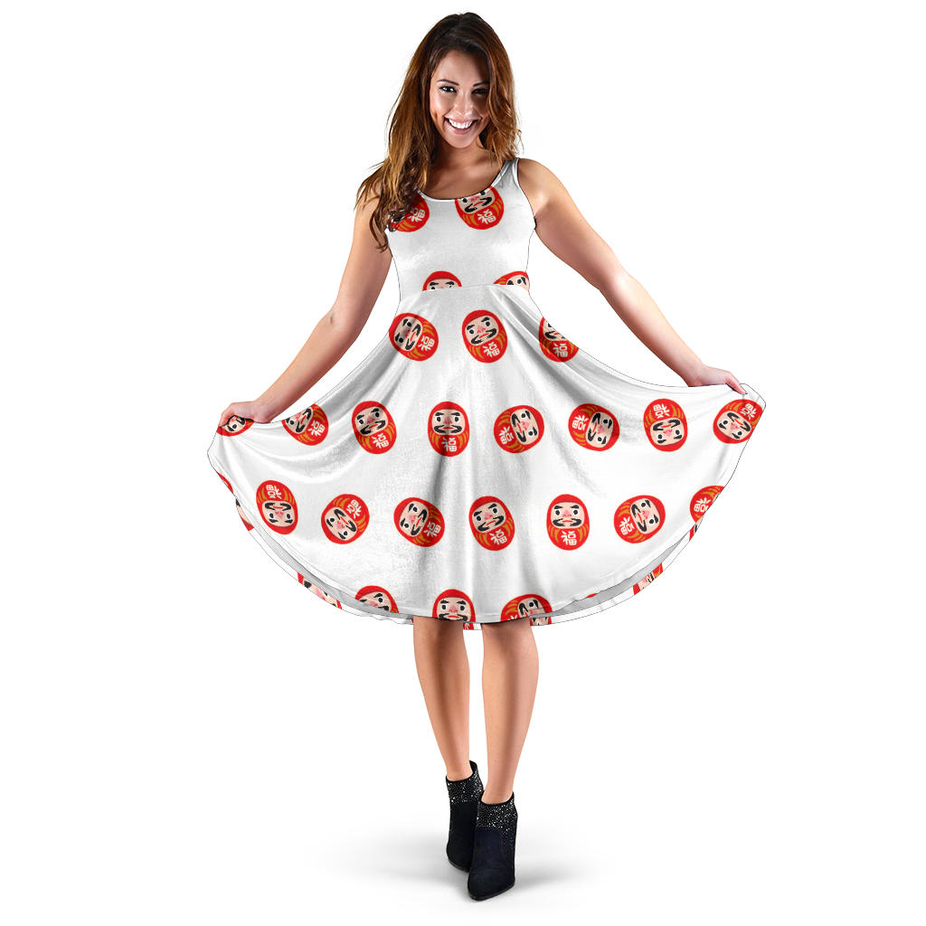 Daruma Japanese Wooden Doll Pattern Sleeveless Midi Dress
