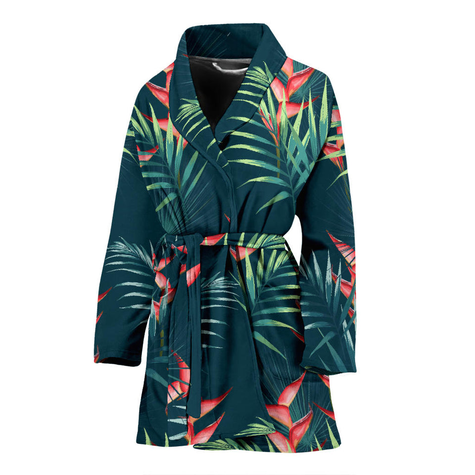 Heliconia Flowers, Palm And Monstera Leaves On Black Background Pattern Women'S Bathrobe