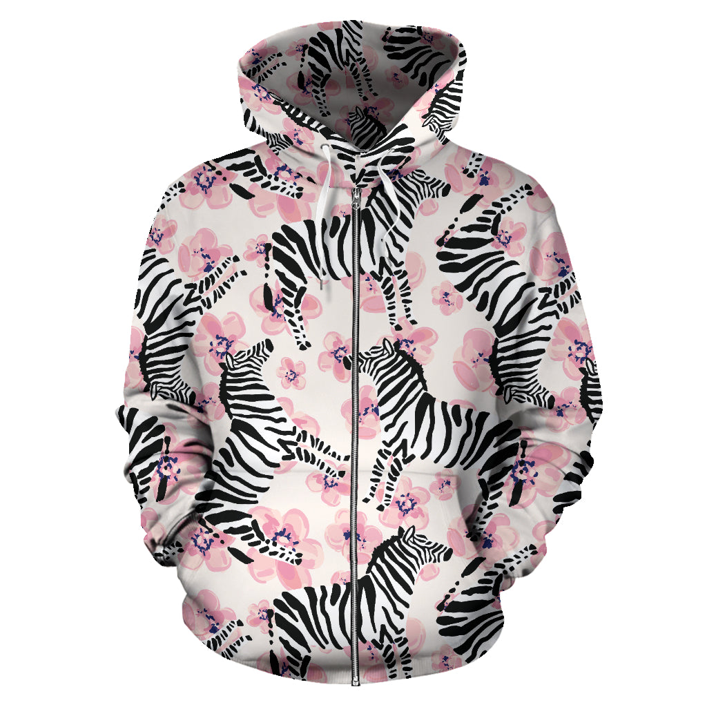 Zebra Pink Flower Background Zip Up Hoodie