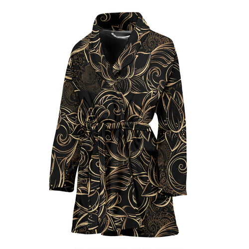 Luxurious Gold Lotus Waterlily Black Background Women'S Bathrobe