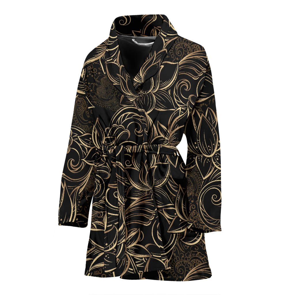 Luxurious Gold Lotus Waterlily Black Background Women'S Bathrobe