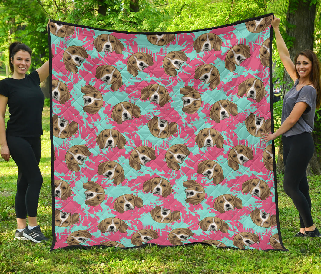 Beagle Muzzles Turquoise Paint Splashes Pink Pattern Premium Quilt