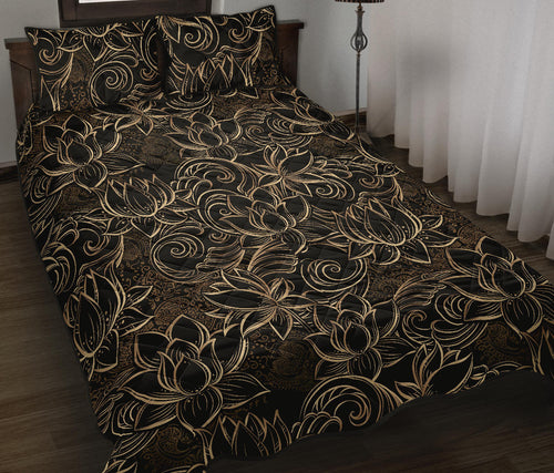 luxurious gold lotus waterlily black background Quilt Bed Set