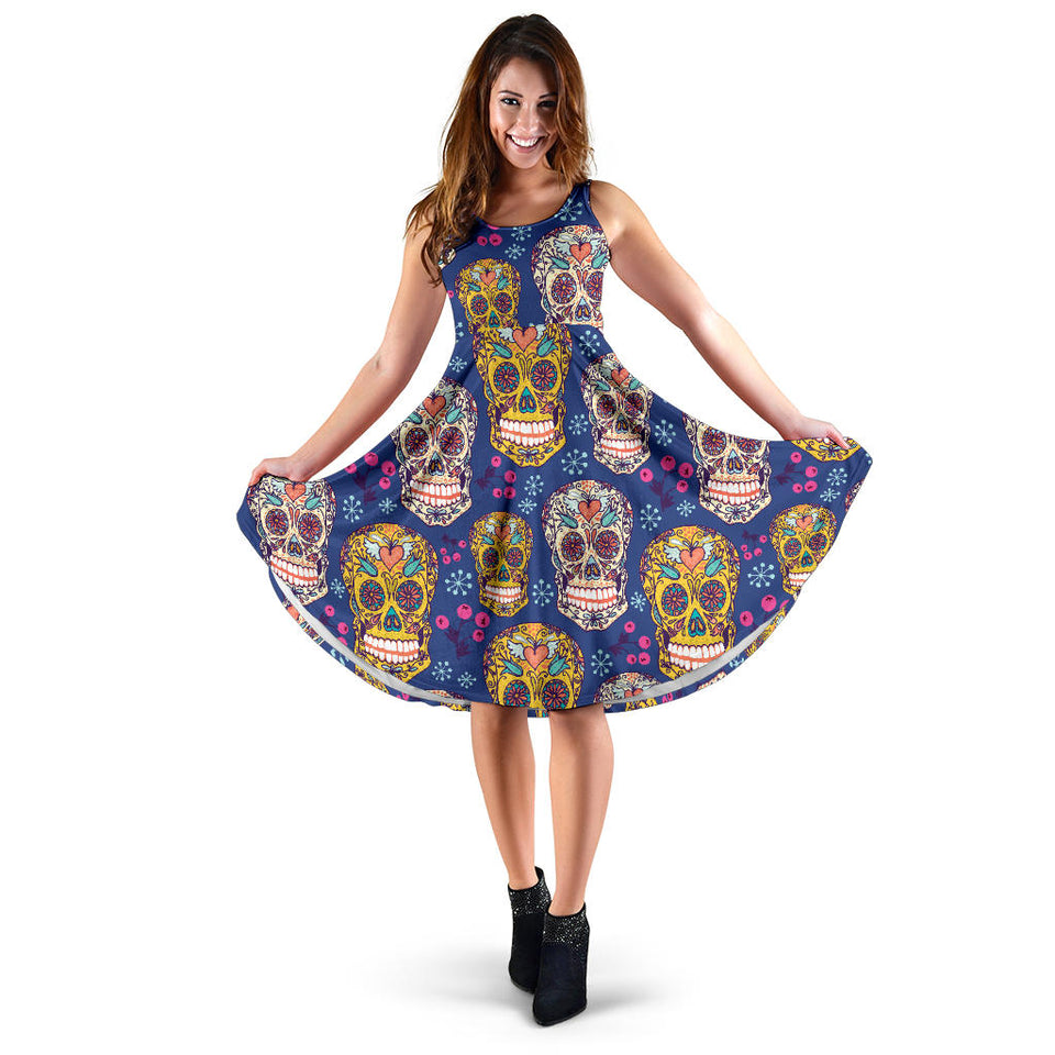 Sugar Skull Flower Pattern Sleeveless Midi Dress