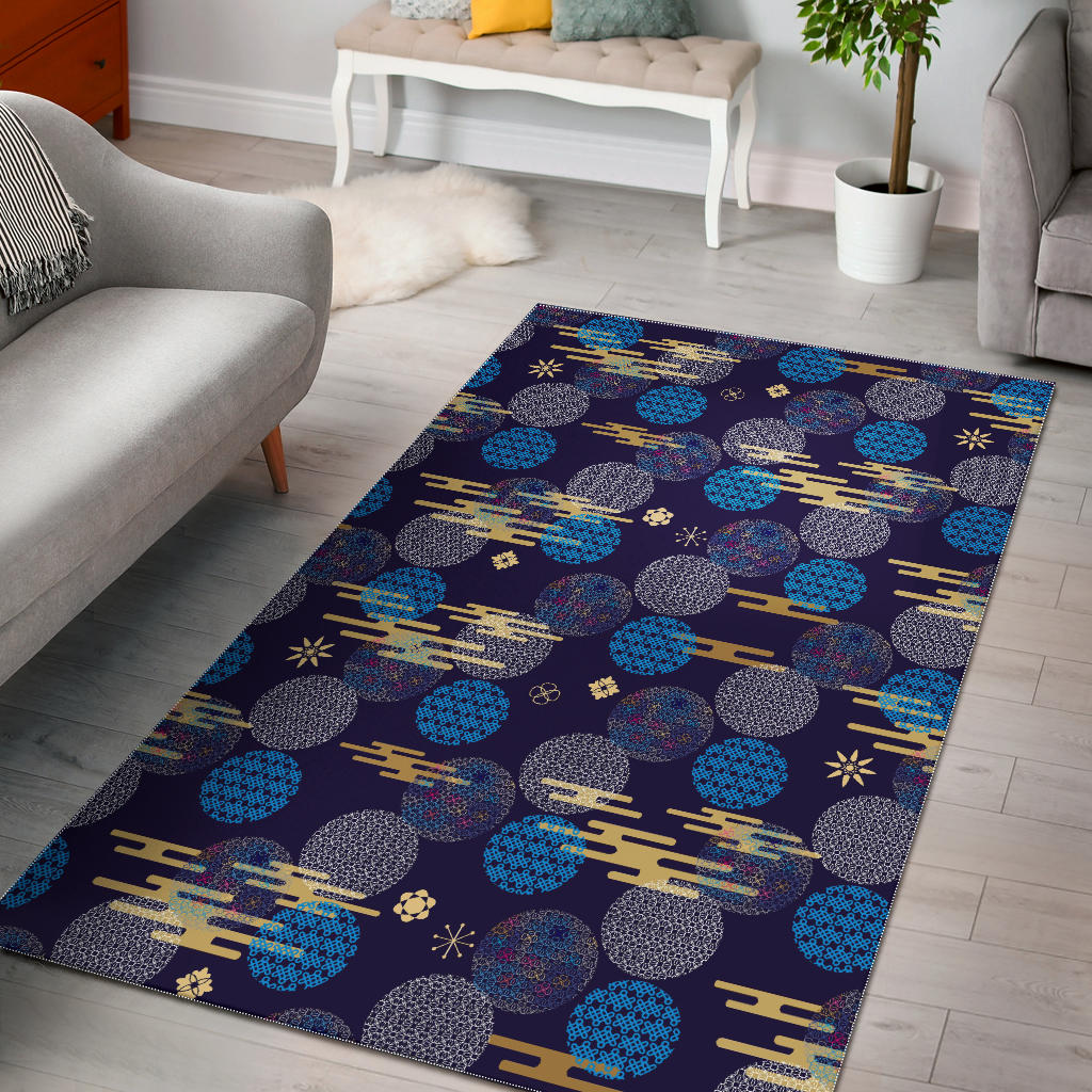 Blue Japanese Pattern Cloud Wave Flower Area Rug