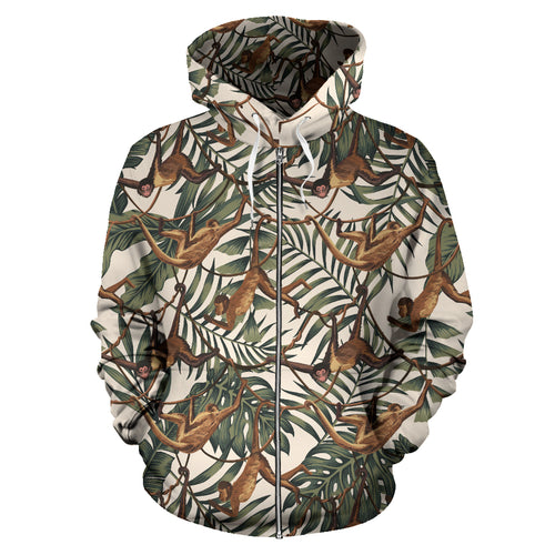 Monkey Tropical Leaves Background Zip Up Hoodie