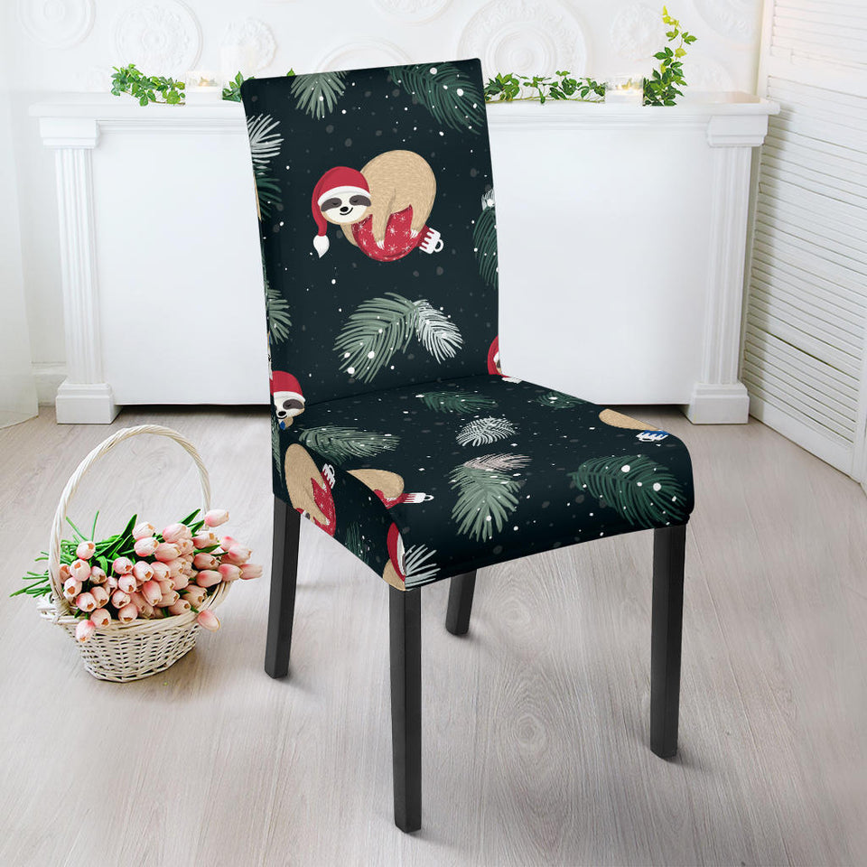 Cute Sloths Sleeping Christmas Ball Santa Hat Pattern Dining Chair Slipcover