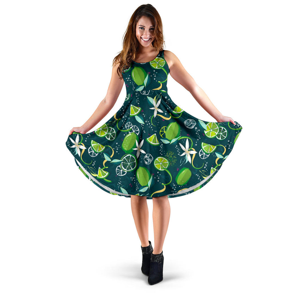 Lime Ice Flower Pattern Sleeveless Midi Dress