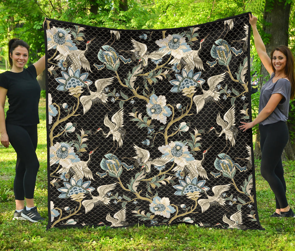 Japanese Crane Ornament Elements Premium Quilt