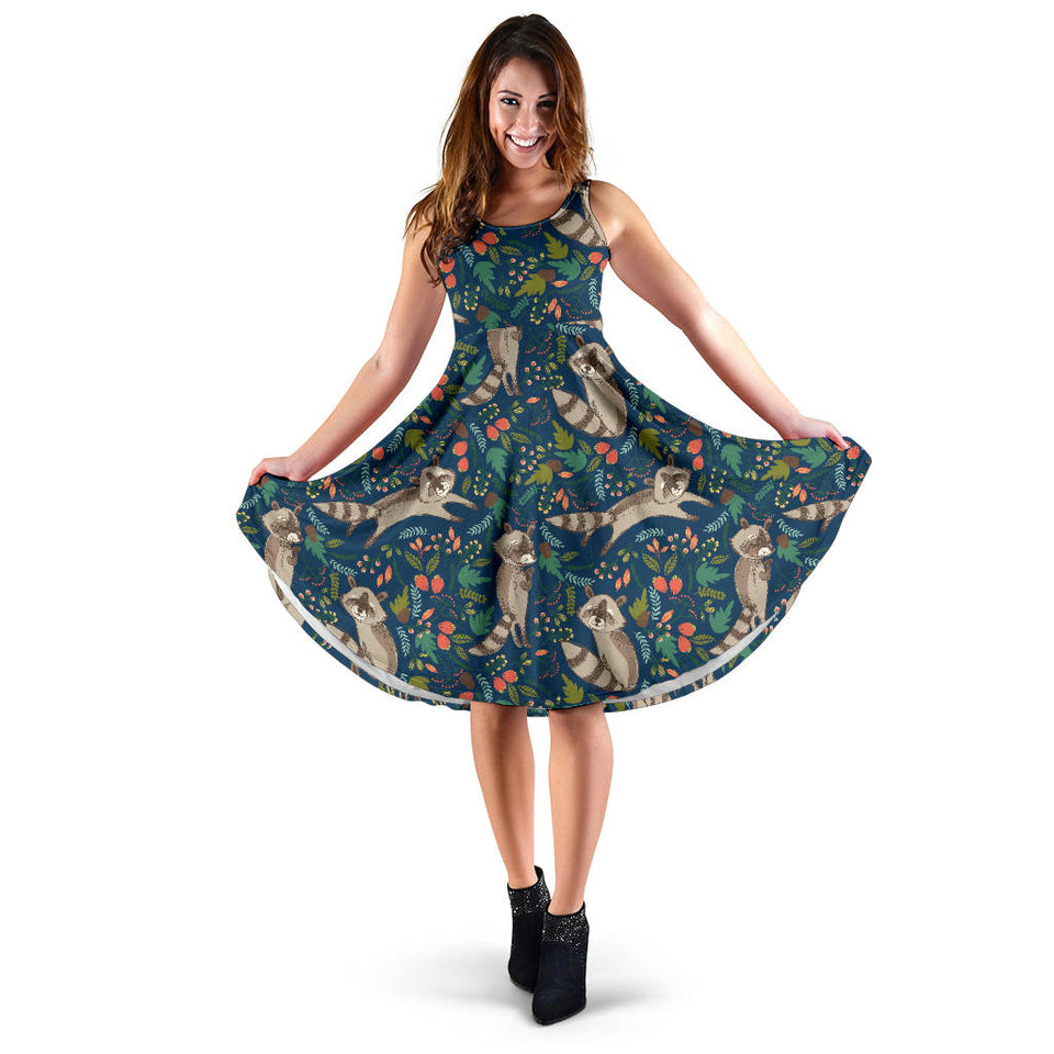 Raccoon Tropical Leaves Pattern Sleeveless Midi Dress