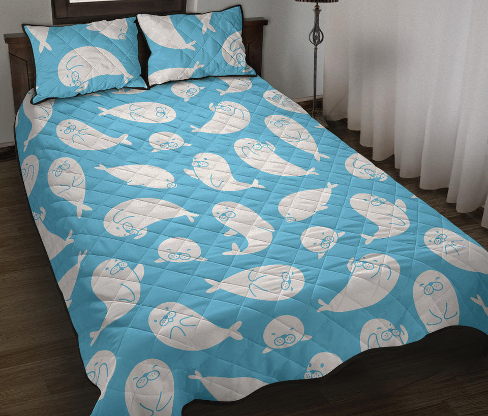 Cute white sea lion seals pattern Quilt Bed Set