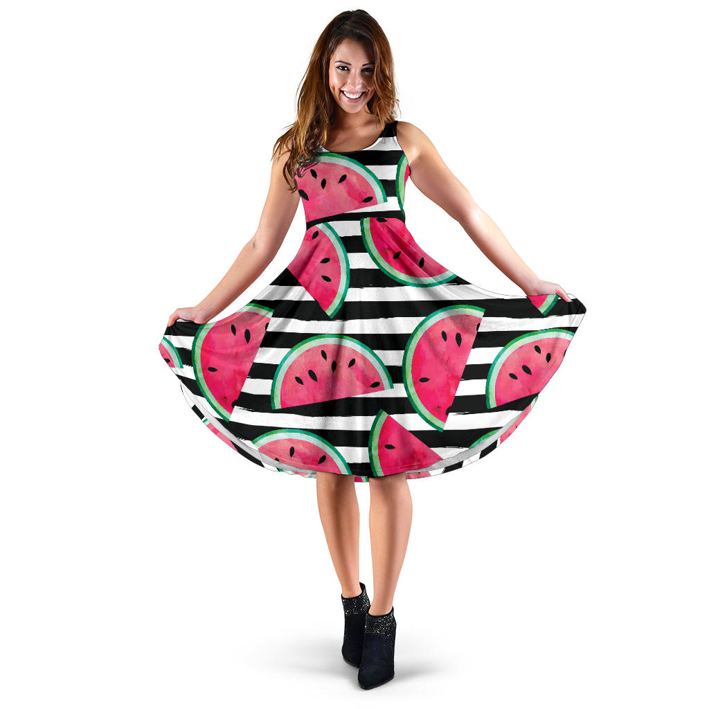 Watercolor Paint Textured Watermelon Pieces Sleeveless Midi Dress