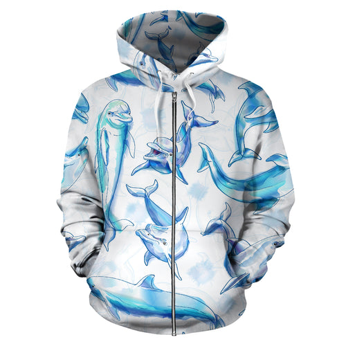 Watercolor Dolphin Pattern Zip Up Hoodie