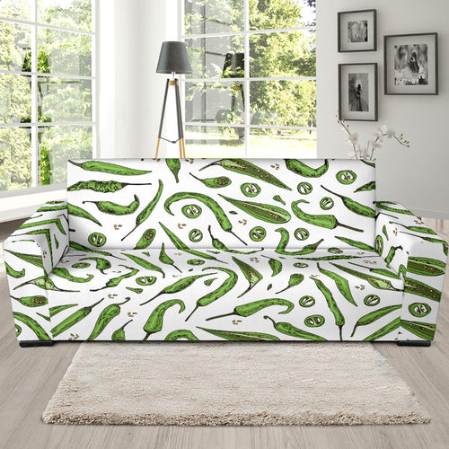 Hand Drawn Sketch Style Green Chili Peppers Pattern Sofa Slipcover
