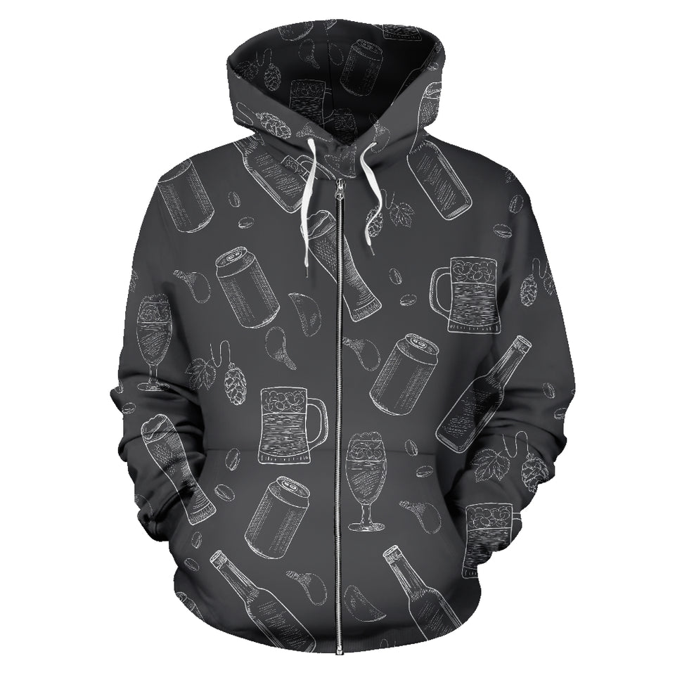 Beer Hand Drawn Pattern Zip Up Hoodie