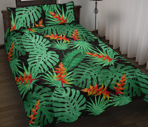 heliconia flower palm monstera leaves black background Quilt Bed Set