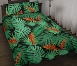 heliconia flower palm monstera leaves black background Quilt Bed Set