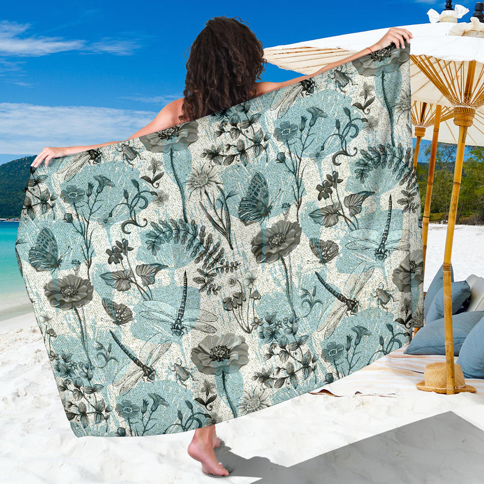 Dragonfly Butterfly Plants Insect Flower Vintage Style Pattern Sarong