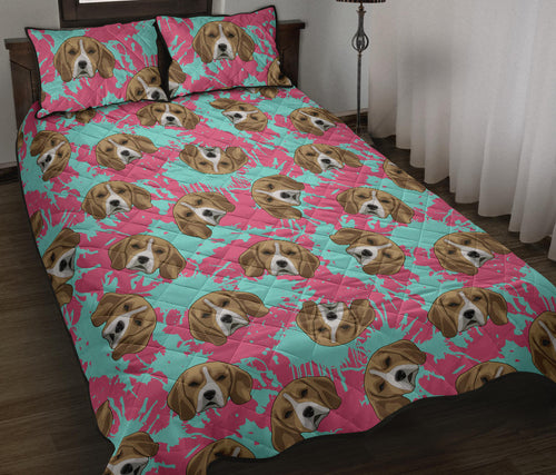 Beagle muzzles turquoise paint splashes pink pattern Quilt Bed Set