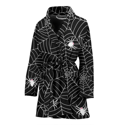 Spider Web Design Pattern Black Background White Cobweb Women'S Bathrobe