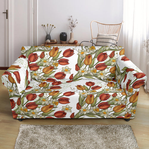 Red Tulips And Daffodils Pattern Loveseat Couch Slipcover