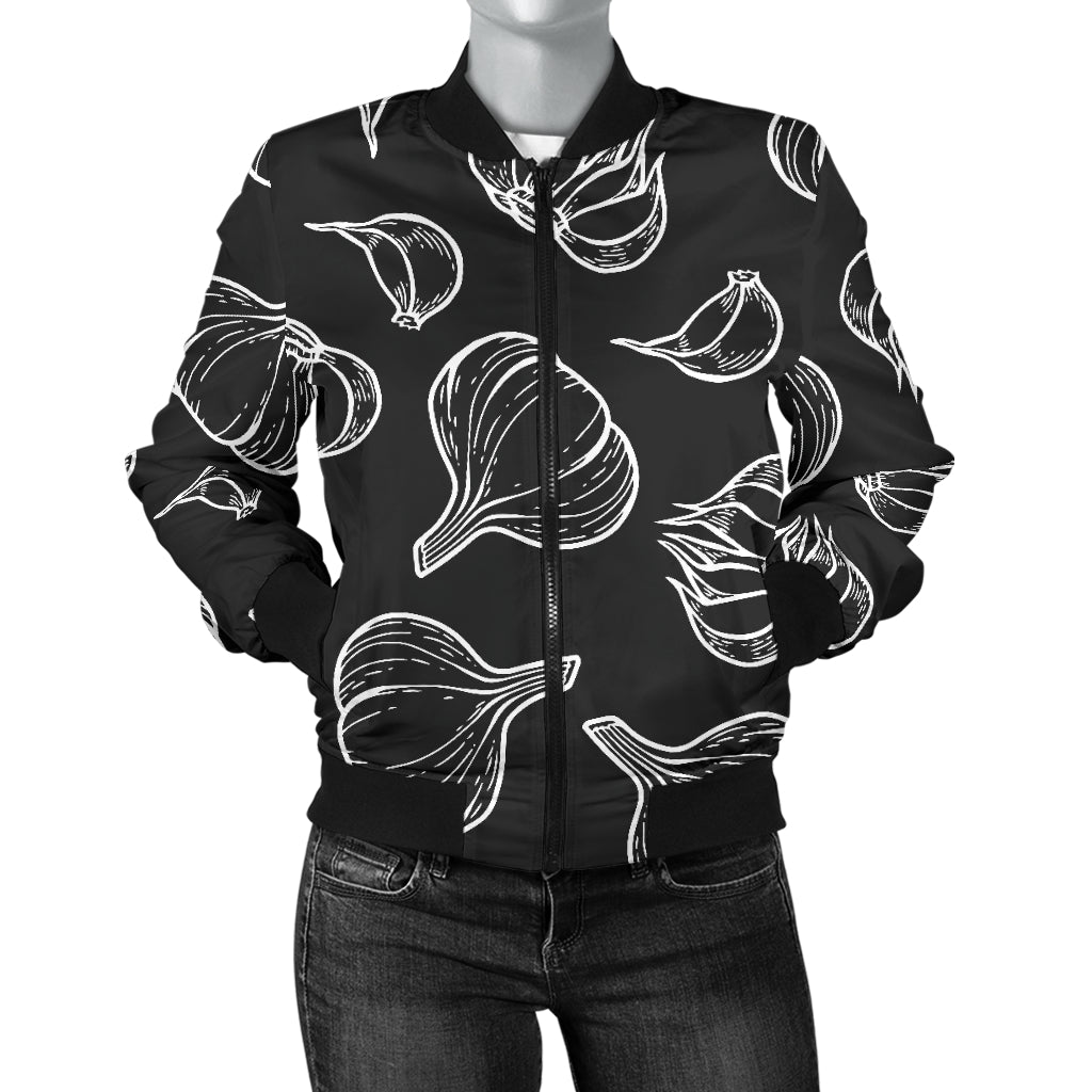 Garlic Pattern Black Background Women'S Bomber Jacket