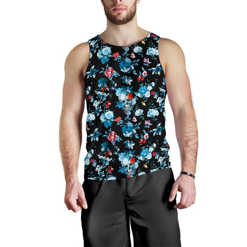 Skull flower roses leave pattern Men Tank Top