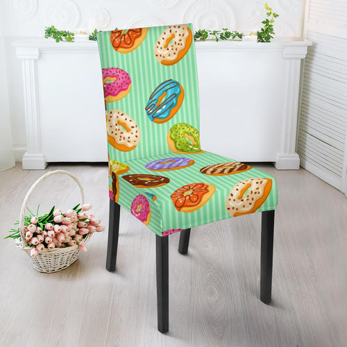 Colorful Donut Pattern Green Background Dining Chair Slipcover