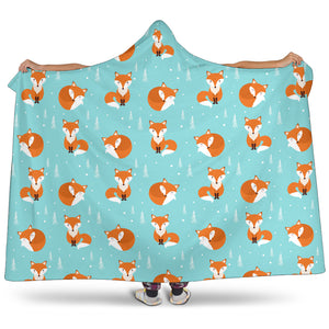 Fox Pattern Blue B Ackground Hooded Blanket