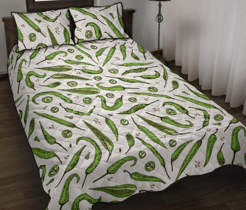 Hand drawn sketch style green Chili peppers pattern Quilt Bed Set