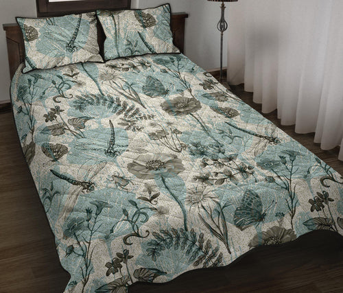 Dragonfly Butterfly Plants insect flower vintage style pattern Quilt Bed Set