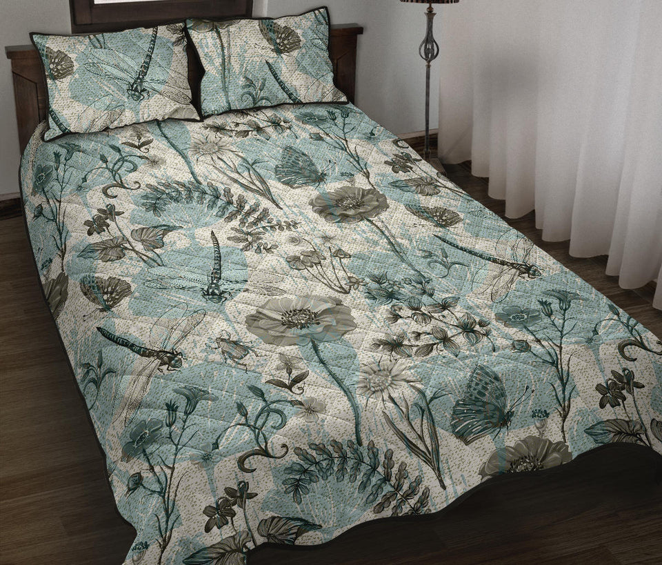 Dragonfly Butterfly Plants insect flower vintage style pattern Quilt Bed Set