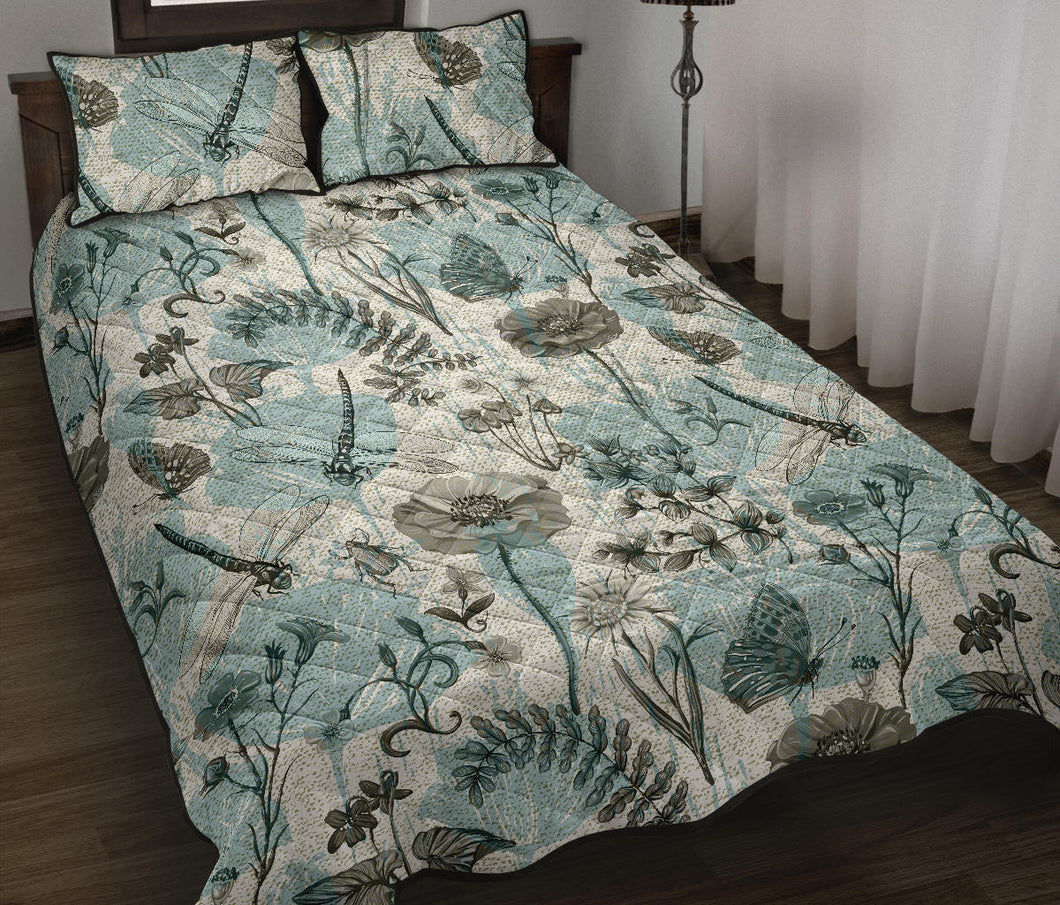 Dragonfly Butterfly Plants insect flower vintage style pattern Quilt Bed Set