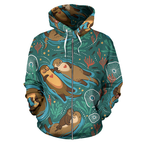 Cute Brown Sea Otters Ornamental Seaweed Corals Green Water Zip Up Hoodie