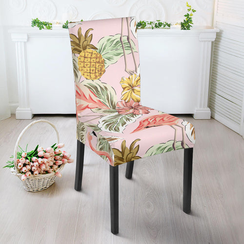Pink Flamingo Birds Pineapples Hibiscus Flower Pattern Dining Chair Slipcover