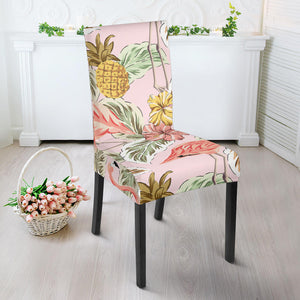 Pink Flamingo Birds Pineapples Hibiscus Flower Pattern Dining Chair Slipcover